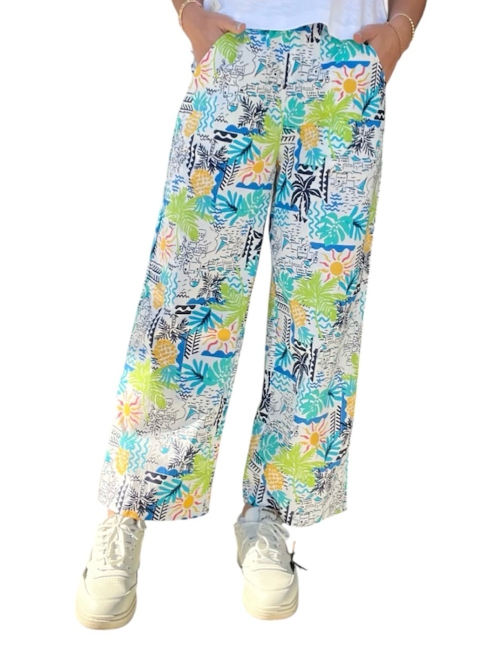 Escape Tropical Print Straight-Leg Pants in White